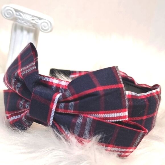 PLAID SIDE BOW HEADBAND navy blue white red fabric - Picture 4 of 6